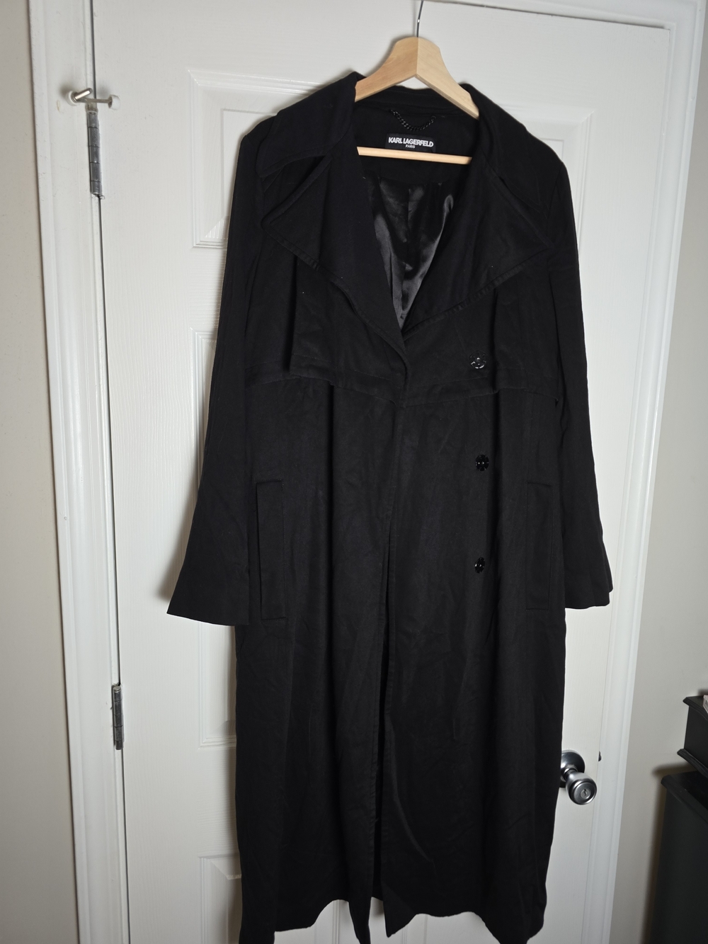 Karl Lagerfeld Long Black Trench Coat with Wide Collar Size Medium